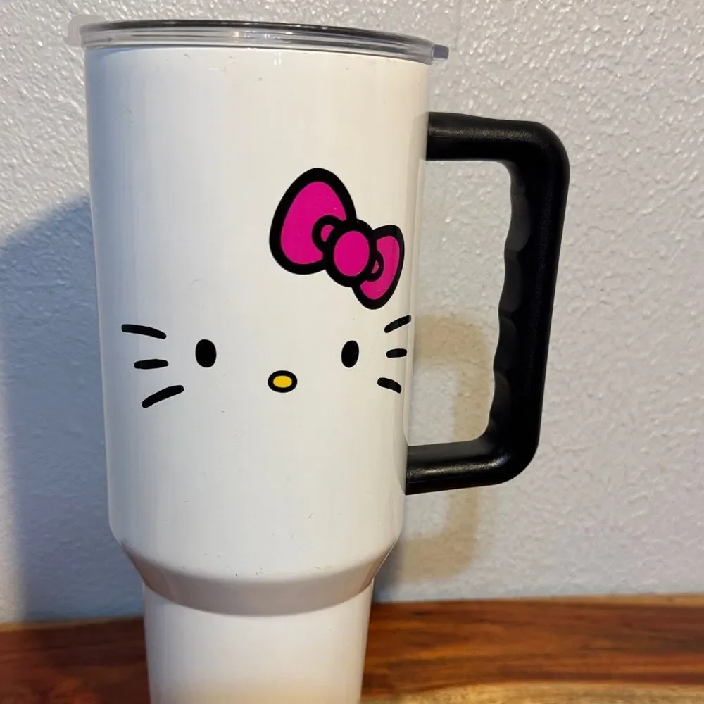 Hello Kitty Stainless Steel Tumbler White Cup Black Handle Sanrio Kawaii